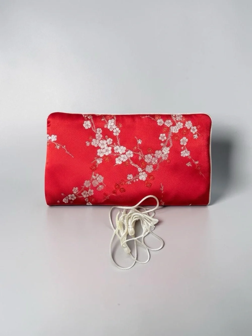 Vintage Red Silk Brocade Jewelry Roll Organizer Travel Case Floral